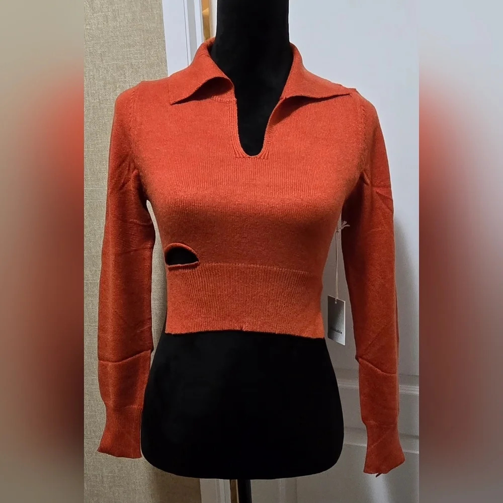 Cut Out Collared Crop Soft Long Sleeve Sweater Top #415-416 - Picture 6 of 10